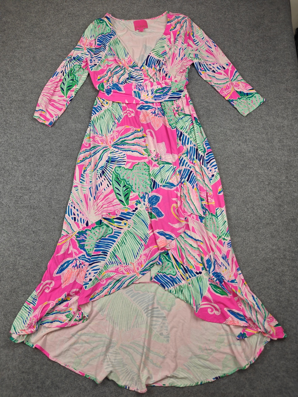 Lilly Pulitzer Dress Womens L Pink Wrap Maxi Hi-Low Long Sleeve Floral Belted
